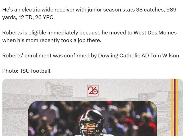 Ames Football Star Jeffrey Roberts transfers to Dowling Catholic