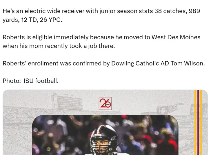 Ames Football Star Jeffrey Roberts transfers to Dowling Catholic
